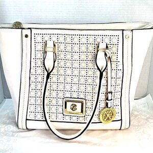 VINTAGE DESIGNER PURSE ~ WHITE WOVEN PIERCED PANEL TOTE ~ by CHRISTIAN LACROIX